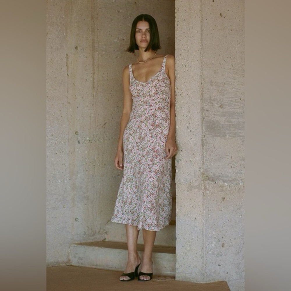 Floral Slip Midi Dress in Cream and Pink